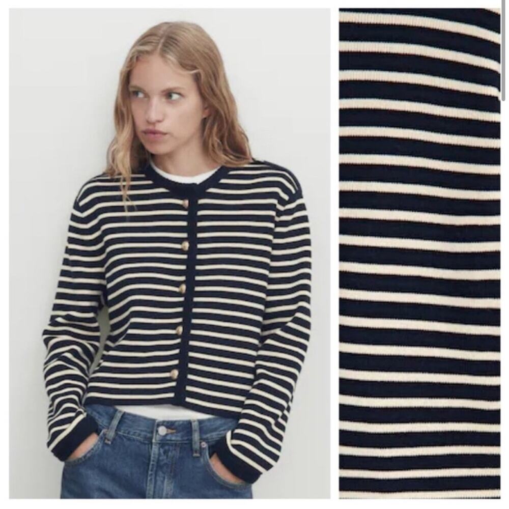 Massimo Dutti Navy Striped Nautical Button Down Cardigan Small